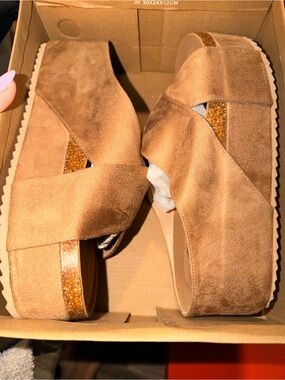 Nina Chestnut Suede Crisscross Platform Sandals